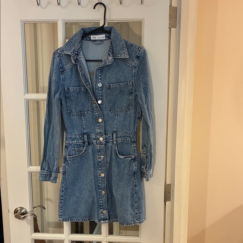 Zara Medium Blue Denim Button-Front Mini Dress